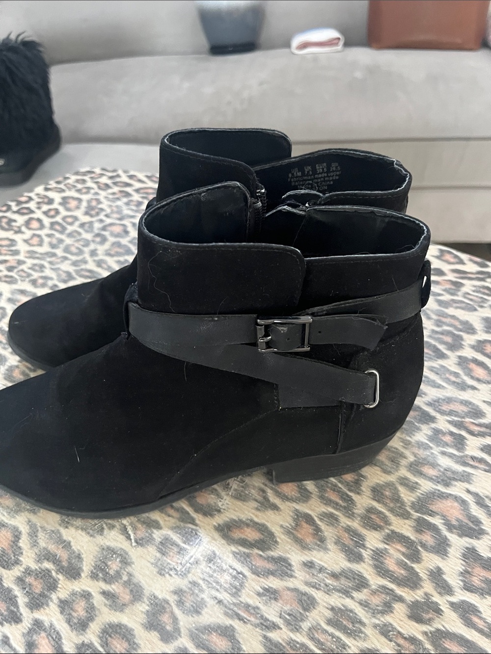 Women's Black Suede Ankle Boots with Buckle Strap
